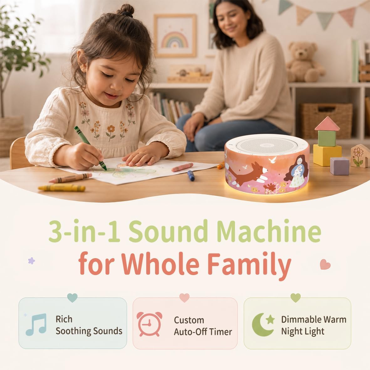 Kipcush White Noise Machine for Baby & Adults, 30 Soothing Sounds, Soft Non-Glare Nursery Lamp, 8 Color Night Lights, Memory Function (Angel V1 White, Standard)