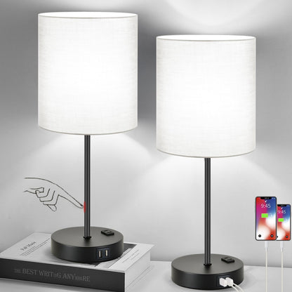 Set of 2 Touch Control Table Lamps with 2 USB & AC Outlet, 3-Way Dimmable Bedside Nightstand Lamps for Bedroom Living Room Nursery, 800 Lumens 5000K Daylight Bulbs Included