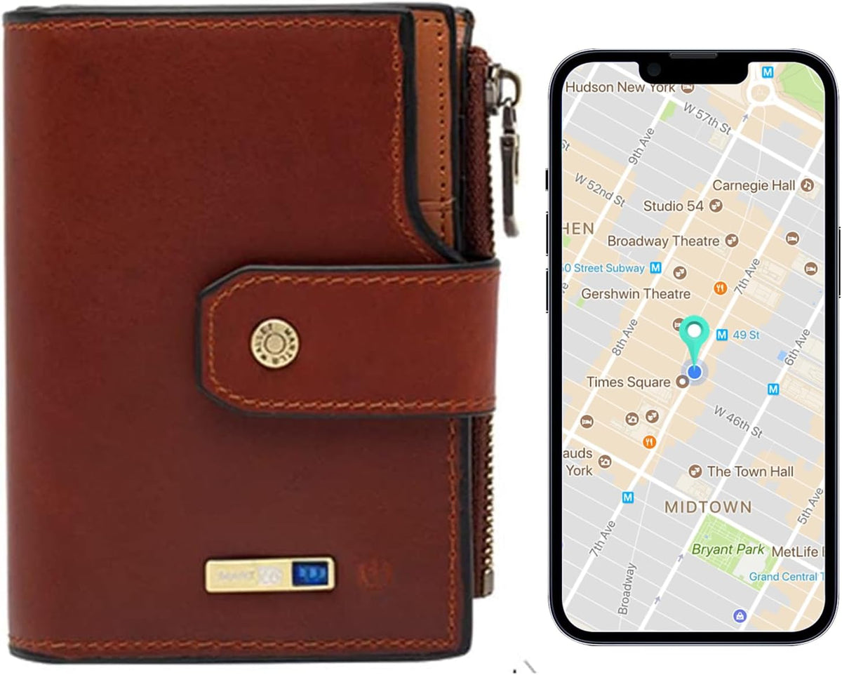 Anti-Lost Bluetooth Wallet Tracker Finder, Slim Trifold Cowhide Mens Wallet with ID Window Credit Card Holder Pocket (Coffee2-OLD)