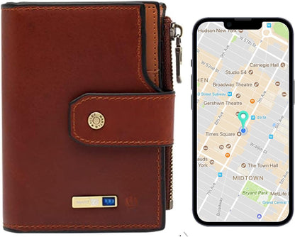 Anti-Lost Bluetooth Wallet Tracker Finder, Slim Trifold Cowhide Mens Wallet with ID Window Credit Card Holder Pocket (Coffee2-OLD)