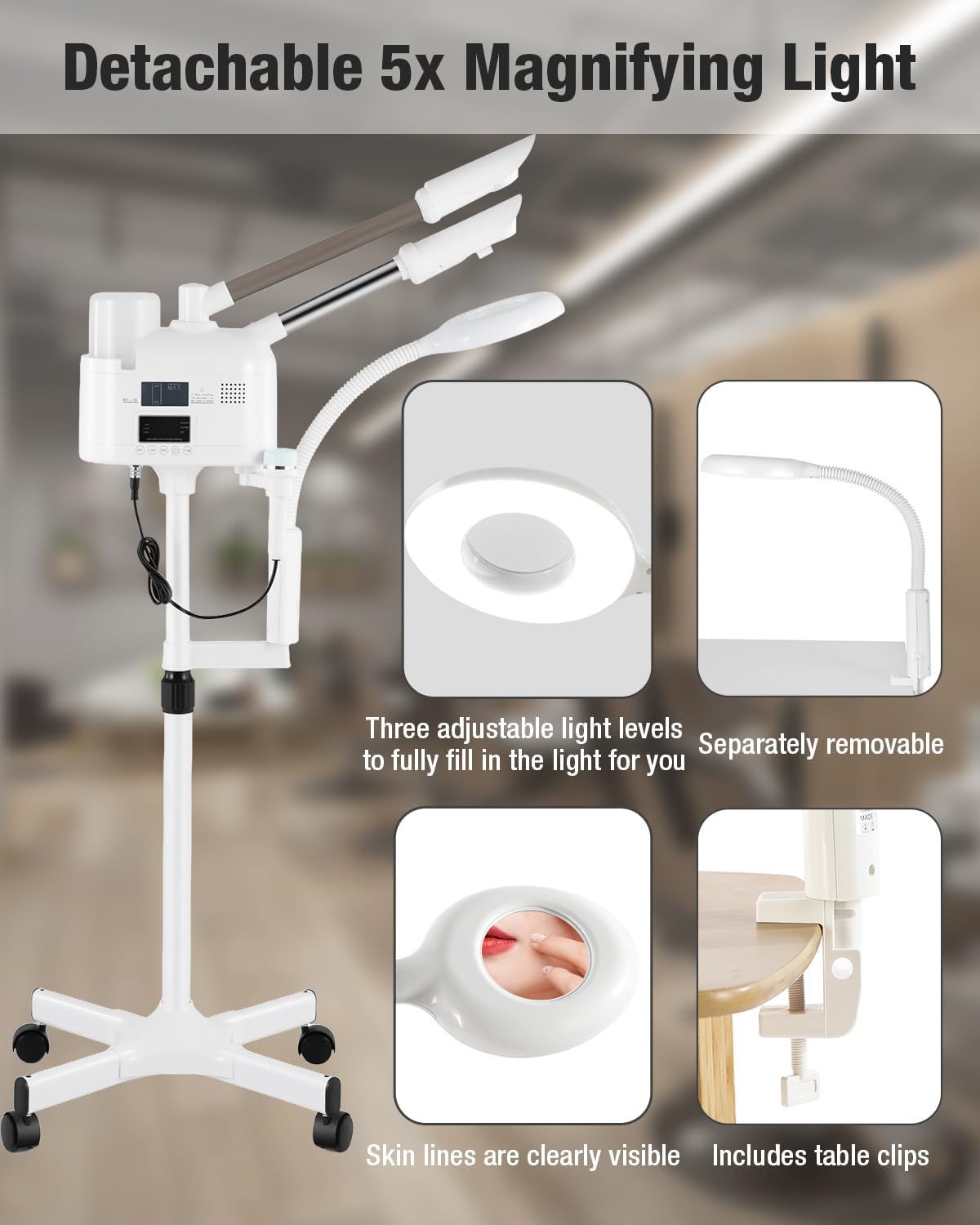 Professional Facial Steamer 3 in 1 Steamer for Face with Hot & Cold Nozzle 5X LED Magnifying Lamp Facial Steamer for Esthetician Beauty Face Equipment Use at Home or Salon