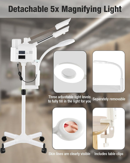 Professional Facial Steamer 3 in 1 Steamer for Face with Hot & Cold Nozzle 5X LED Magnifying Lamp Facial Steamer for Esthetician Beauty Face Equipment Use at Home or Salon