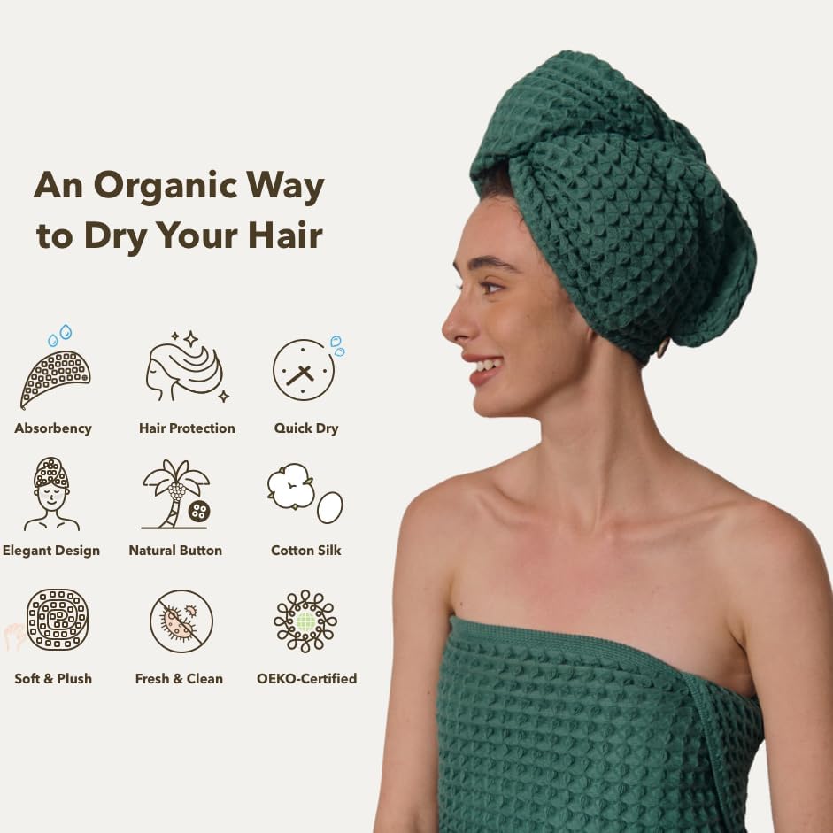 Luxury Organic Japanese Cotton Hair Drying Waffle Towel Wrap for Women | Absorbent, Quick-Dry Head Turban for Shower, Sauna, Spa | Extra Large for Long, Curly, Straight Hair With Button (White, 1 Pc)
