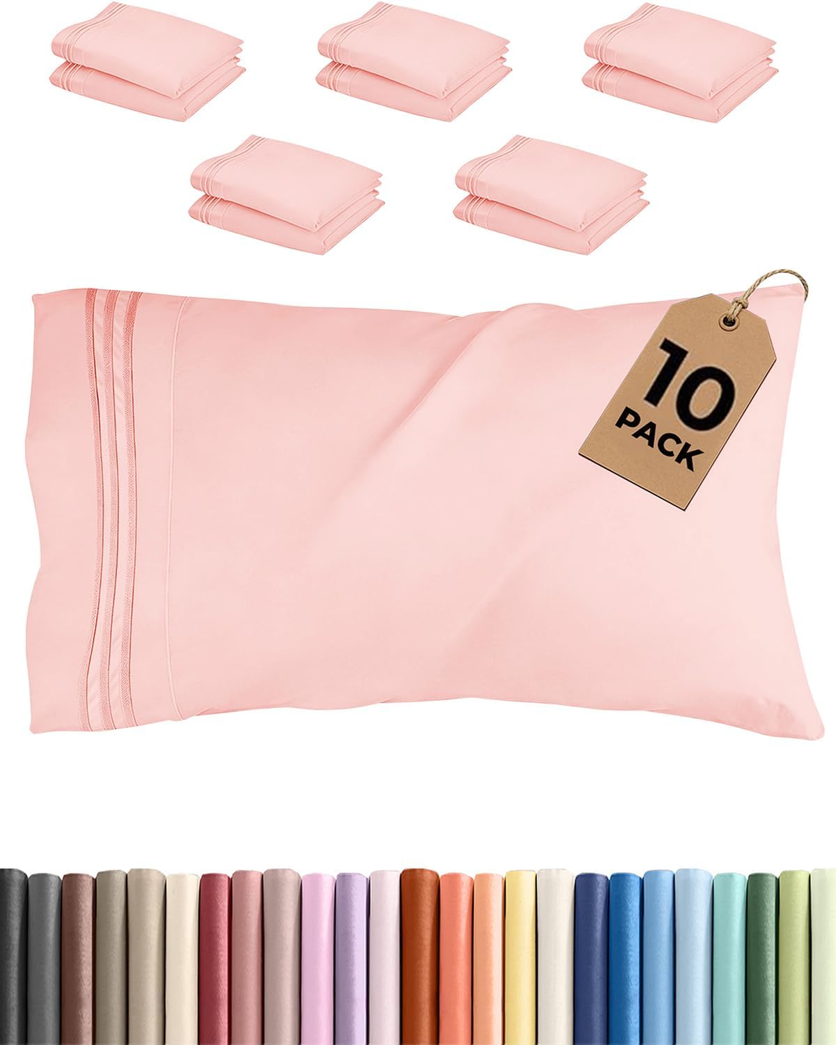 Standard Pillow Cases Set of 10 - Ultra Soft Hotel Quality Pillowcase Covers - Comfy, Cozy & Wrinkle Free - Shrink, Stain and Fade Resistant - Machine Washable Pillow Protectors - 10 Pcs Set - White - Colors B