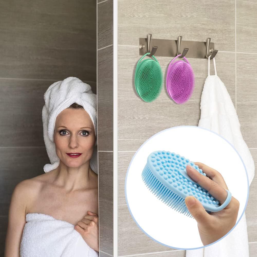 PQRUU 3 Pack Silicone Body Scrubber, Exfoliating Soft Loofah Bath Body Scrubbers for Use in Shower, Exfoliating Body Scrubber Fit for All Kinds of Skin, Rapid Foaming Black+Blue+Pink