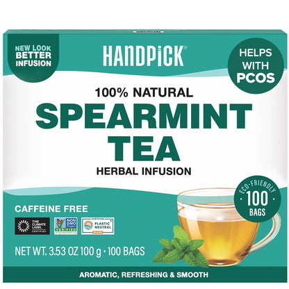 HANDPICK Spearmint Tea (100 Tea Bags) Fresh Natural Mint Leaves, Non GMO