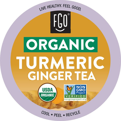 Organic Turmeric Ginger Tea K-Cup Pods, 24 Pods by FGO - Compatible with Keurig - Naturally Caffeine-Free Herbal Tea, Premium Green Tea is USDA Organic, Non-GMO, & Recyclable