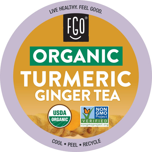 Organic Turmeric Ginger Tea K-Cup Pods, 24 Pods by FGO - Compatible with Keurig - Naturally Caffeine-Free Herbal Tea, Premium Green Tea is USDA Organic, Non-GMO, & Recyclable