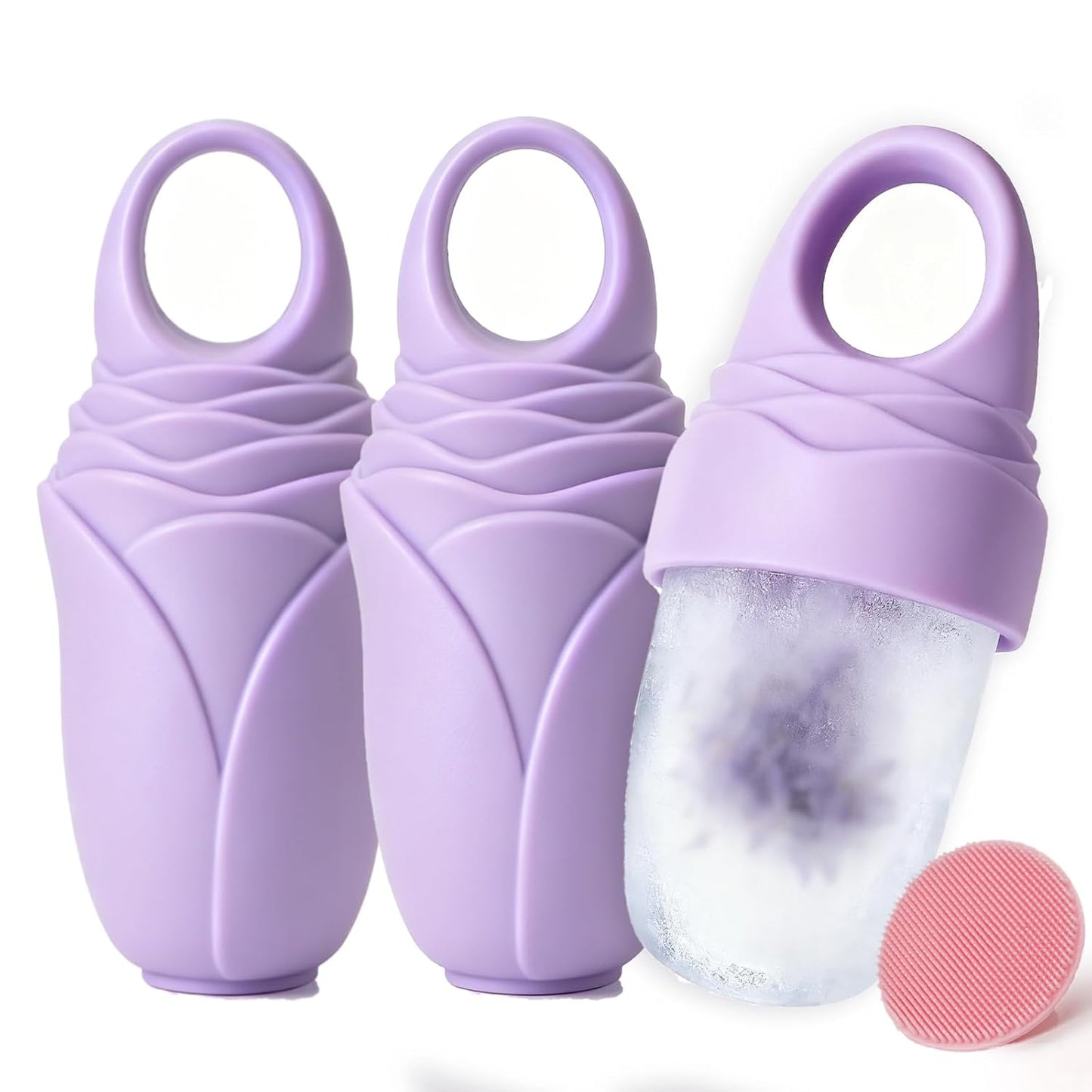 3 Pack Ice Roller for Face, Facial Ice Roller Silicone Mold Reusable for Face Women and Eye Neck Cold Skin Care Tools Freezer De Puff Eye Bags Reduce Migraine Pain Pink 1 + Purple 2
