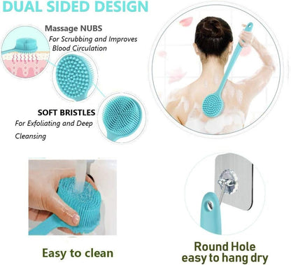 Long Handle Silicone Body Scrubber for Shower, Dual-Sided Back Scrubber Brush with Soft Bristles&Massage Nodes, Exfoliating Bath Brush for Hard to Reach Areas, Easy to Clean & Quick Dry, for Daily Use