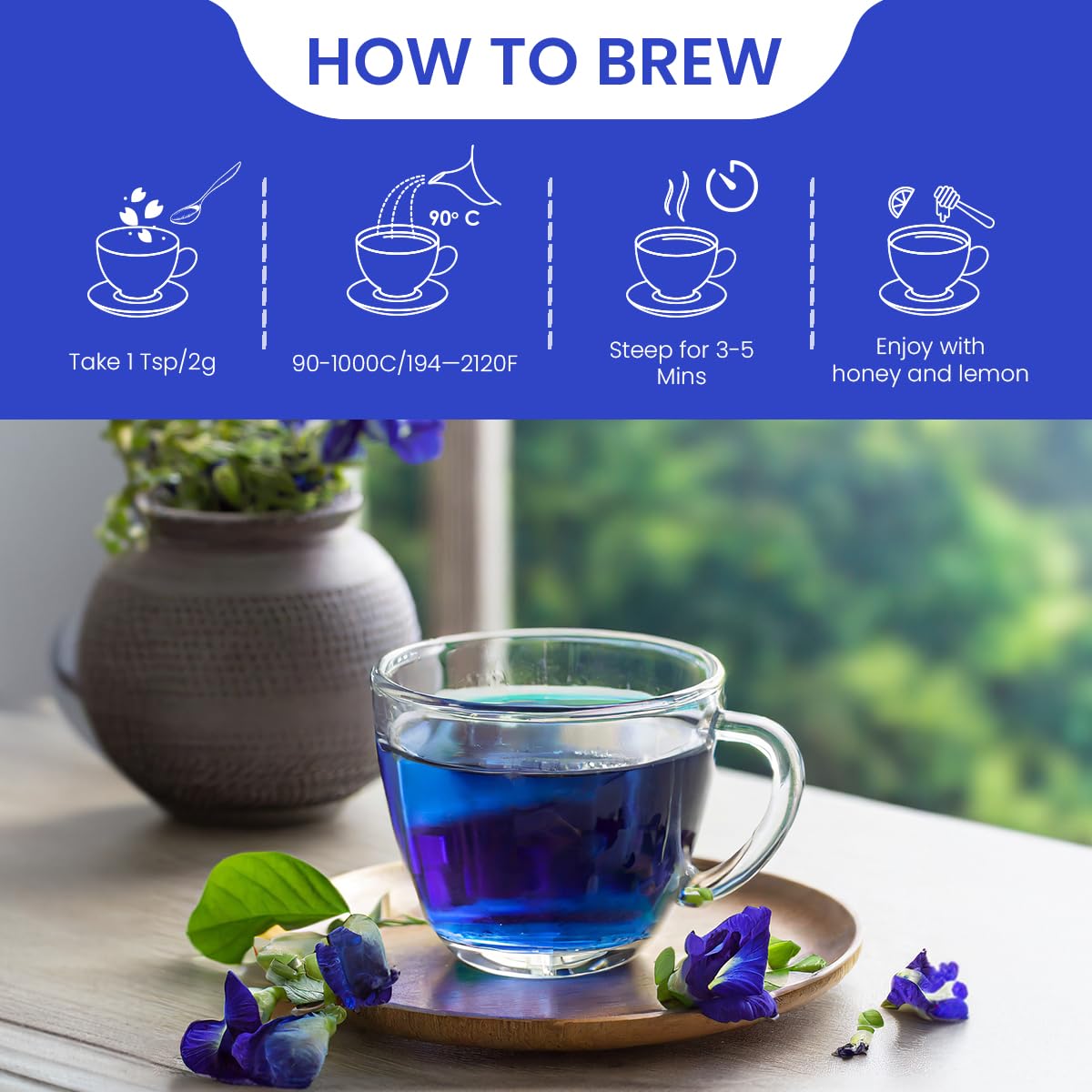 BLUE TEA - Butterfly Pea Flower Tea - 2.11 Oz (150+ Cups) | Antioxidant Rich | Chemical Free - Herbal Tea - Caffeine free - Non Bitter - No Preservatives | Zipper Pack