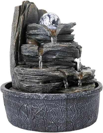 8.3” H Indoor Zen Tabletop Water Fountain, Rock Cascading Waterfall with Spinning Crystal Ball & LED Light for Home Office Decor
