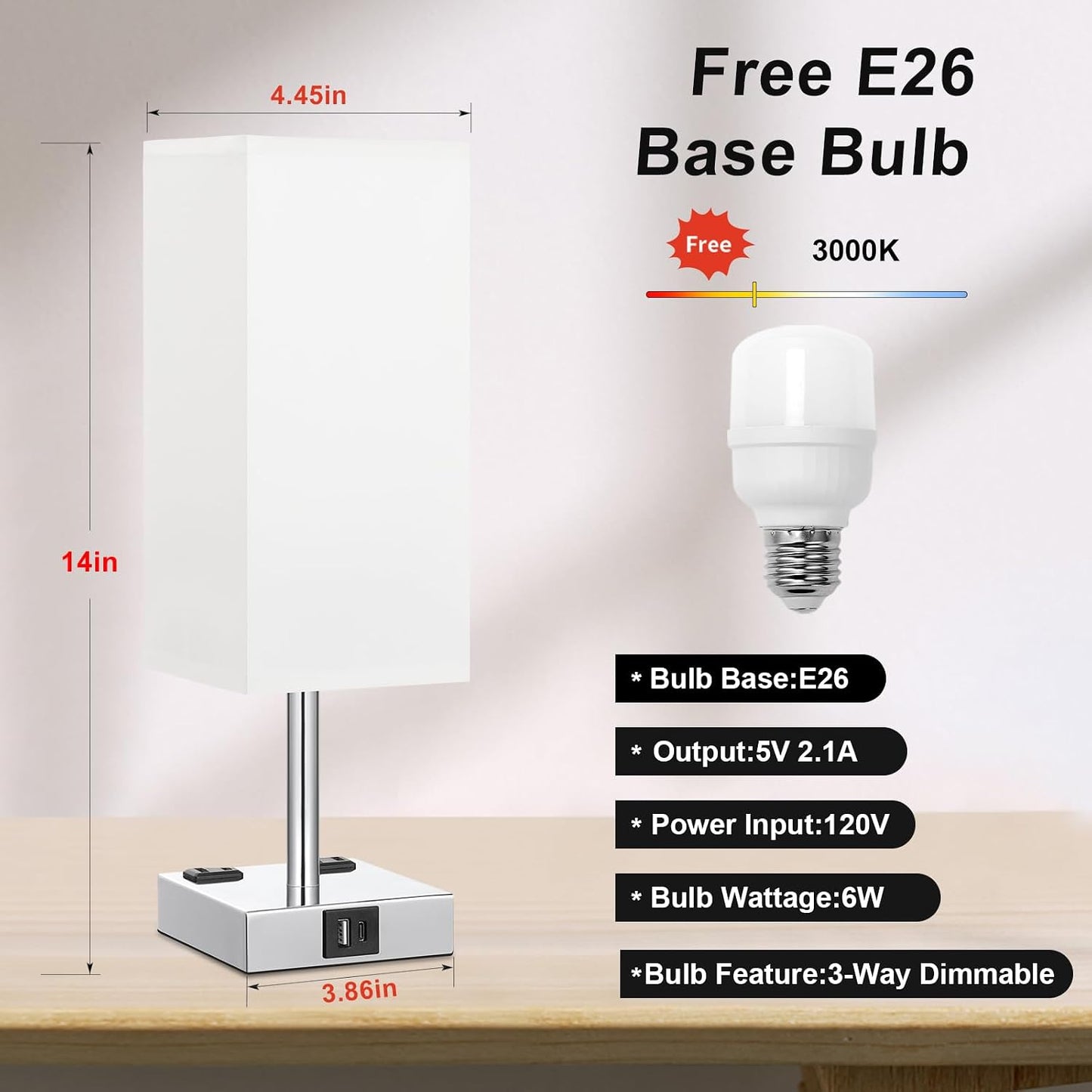【Upgraded】Bedside Table Lamp Touch Control, with USB C+A Charging Ports & Dual AC Outlets, 3-Way Nightstand Lamp for Bedroom with LampShade Living Room Office(LED Dimmable Bulb Included)