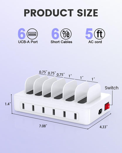 50W 6 Ports Multi Charger Station, USB Charging Dock for Multiple Devices