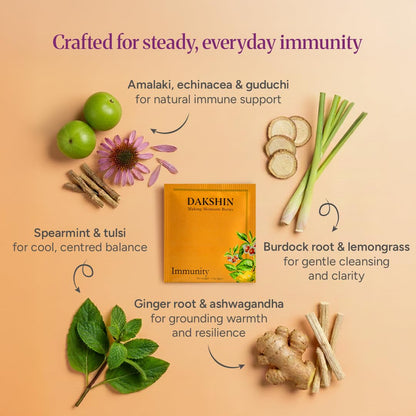 DAKSHIN Organic Immunity Tea Bags | Ashwagandha, Amalaki, Echinacea, Tulsi & Guduchi | Ayurvedic Daily Wellness Tea | Caffeine-Free | USDA Organic | 16 Tea Bags