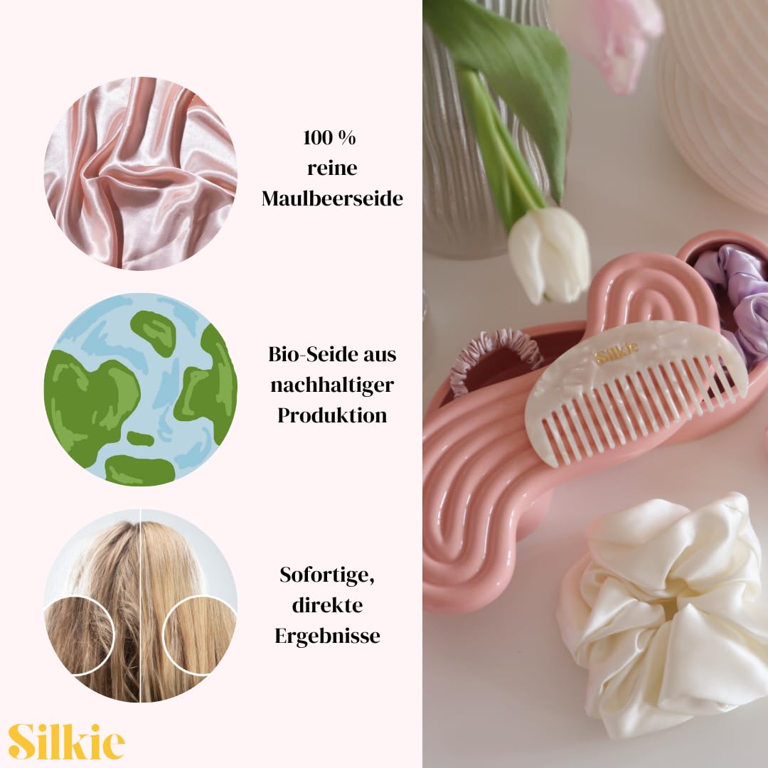 SILKIE x4 Set - Forget Satin - 100% Pure Mulberry Silk Black Brown Skinny Scrunchies Travel Pouch Everyday Hair Ties Elastics Hair Care Ponytail Holder No Damage (Chocolate)