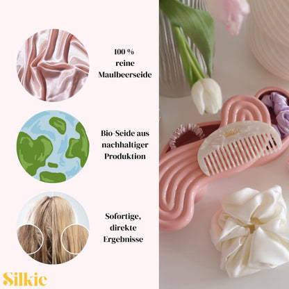 SILKIE x4 Set - Forget Satin - 100% Pure Mulberry Silk Black Brown Skinny Scrunchies Travel Pouch Everyday Hair Ties Elastics Hair Care Ponytail Holder No Damage (Chocolate)