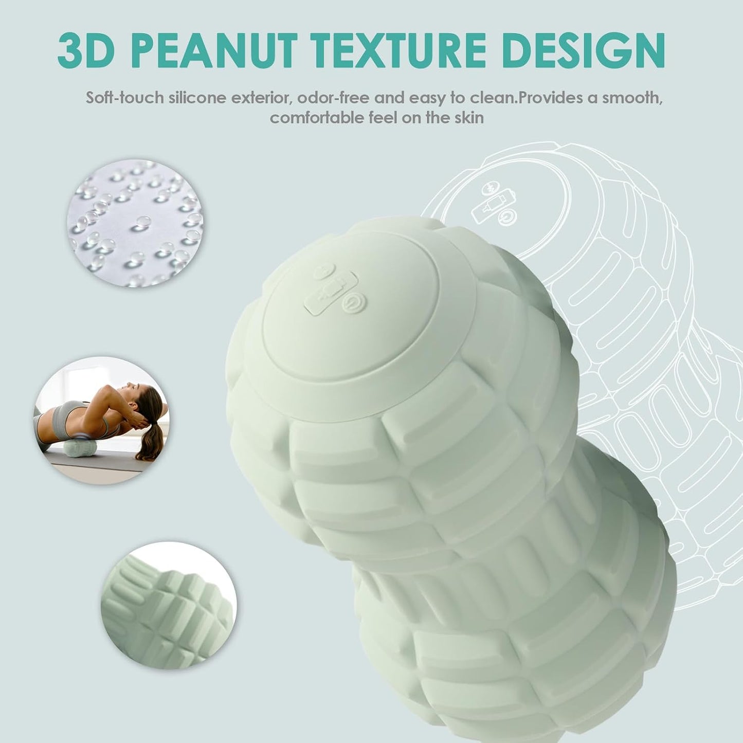 Silicone Vibrating Peanut Massage Ball Roller, Water Resistant Electric Double Lacrosse Massage Ball with 4 Intensities for Muscle Tightness, Deep Tissue Massager for Foot, Back, Hip (Green)