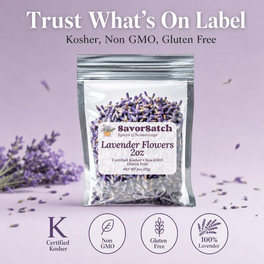 SavorSatch Dried Lavender Flowers Buds – Resealable Pouch | Culinary Grade, Whole Flower, Kosher Certified, Non-GMO | Soothing Aroma, Herbal Tea, Baking, Crafts, Sachets – Product of Albania