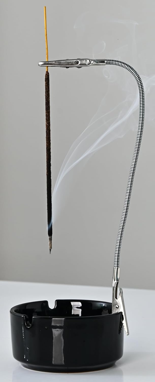 Modern Incense Holder with Flexible Metal Stand, Silver Ash Collector Base, Minimalist Design for Home Meditation and Aromatherapy. (Black + Clip)