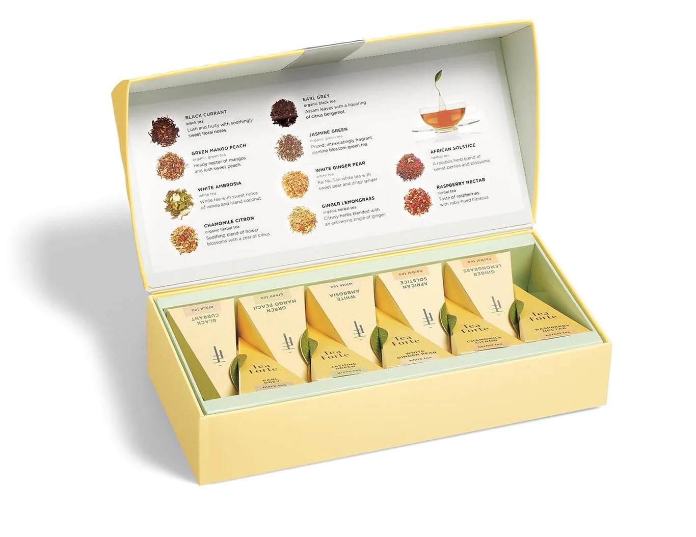 Tea Forte Premium Petite Presentation Box Gift Set Sampler, 10 Count, 2 of Each Blend Individually Wrapped Handcrafted Pyramid Infuser Bags, Demoiselle Tea
