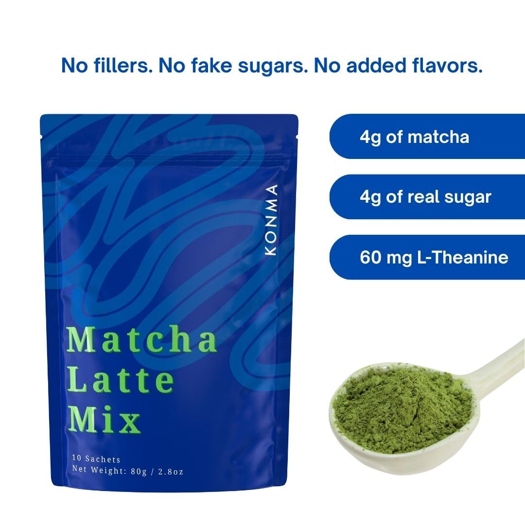 KONMA Matcha Latte Mix, Dairy Free - 10 Individual Serving Sachet Sticks - Lightly Sweet Matcha Green Tea Powder with Cane Sugar for Café Style Blend, 2.8 Ounce (Pack of 10)