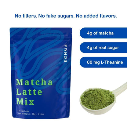 KONMA Matcha Latte Mix, Dairy Free - 10 Individual Serving Sachet Sticks - Lightly Sweet Matcha Green Tea Powder with Cane Sugar for Café Style Blend, 2.8 Ounce (Pack of 10)