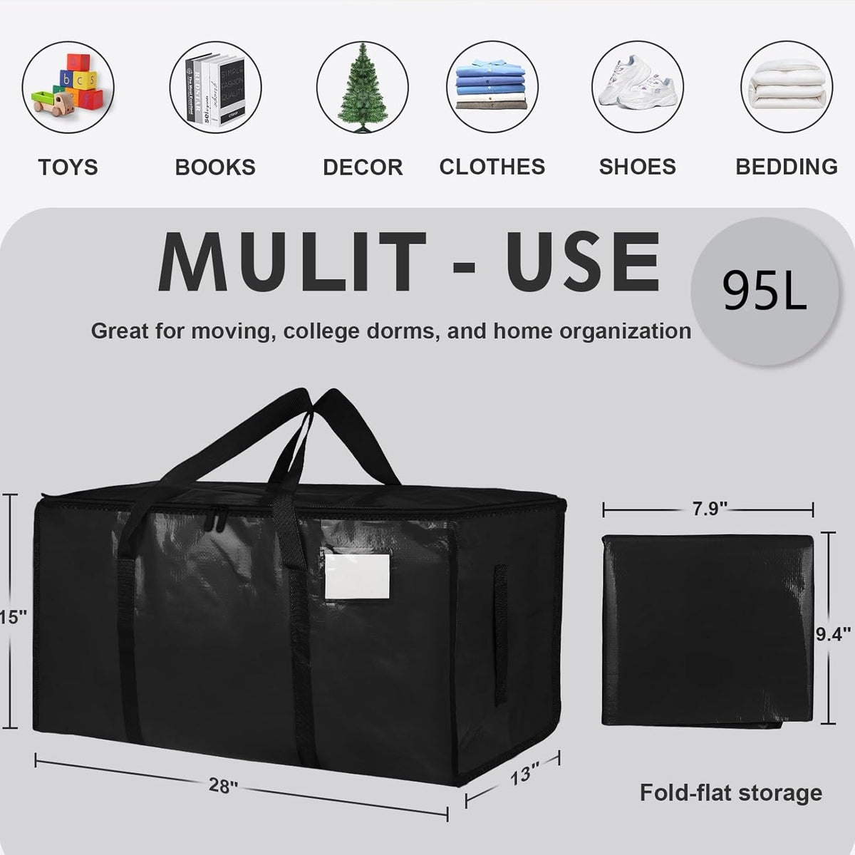 Moving Bags Extra Large - Heavy Duty Storage Totes with Wrap-Around Handles & Reinforced Zippers - Foldable Moving Box Alternative, Water-Resistant for Dorm, Closet & Under Bed Storage (Clear)