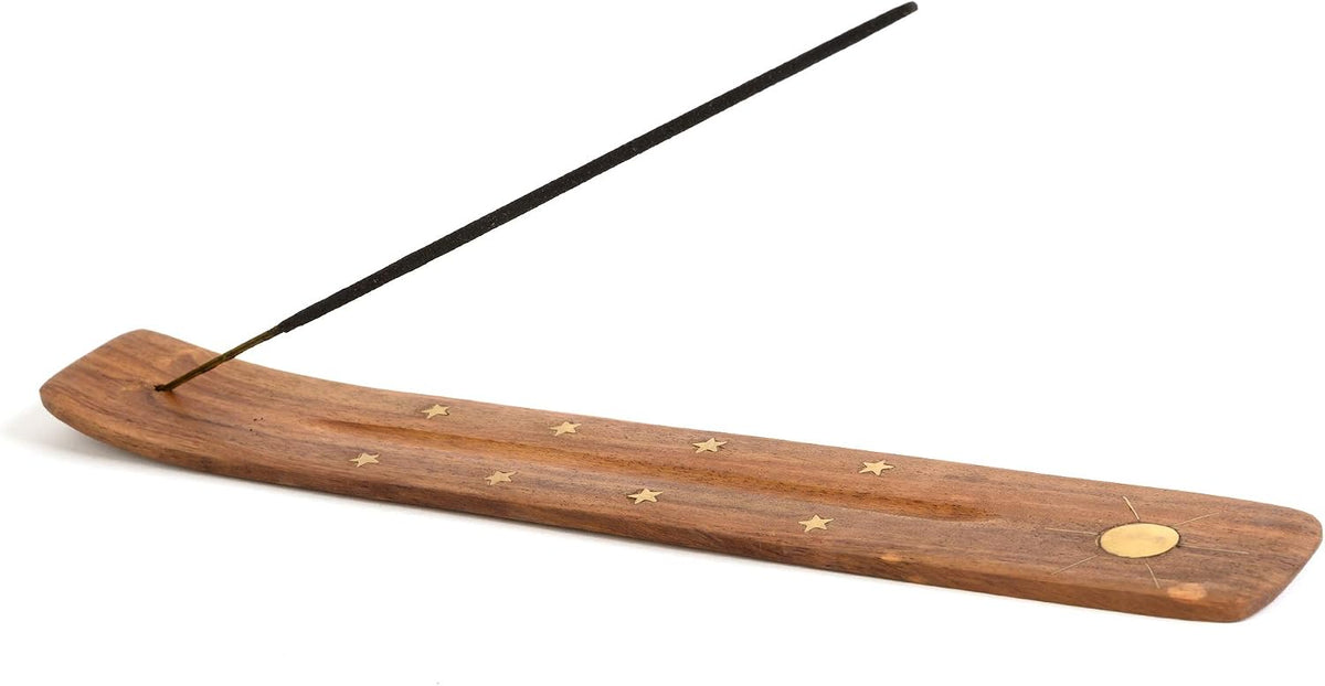 Wooden Incense Holder for Sticks with Inlays of Brass Crescent Moon 10 inches Long