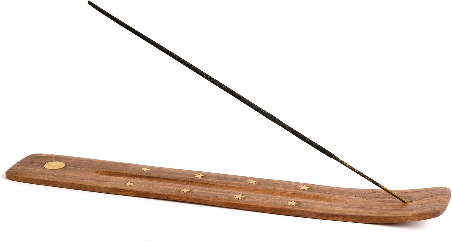 Wooden Incense Holder for Sticks with Inlays of Brass Crescent Moon 10 inches Long