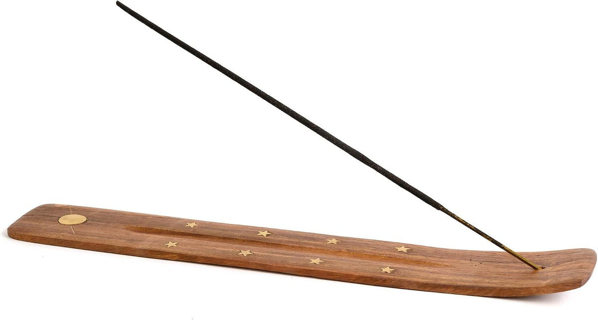 Wooden Incense Holder for Sticks with Inlays of Brass Crescent Moon 10 inches Long