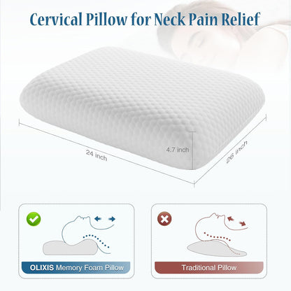 OLIXIS Memory Foam Pillow, Standard Size Pillows for Sleeping, White, 2 PCS | Firm and Comfortable Support Bed Pillow for Back and Side Sleepers, Cooling Gel Technology, Breathable Mesh & Washable Cover