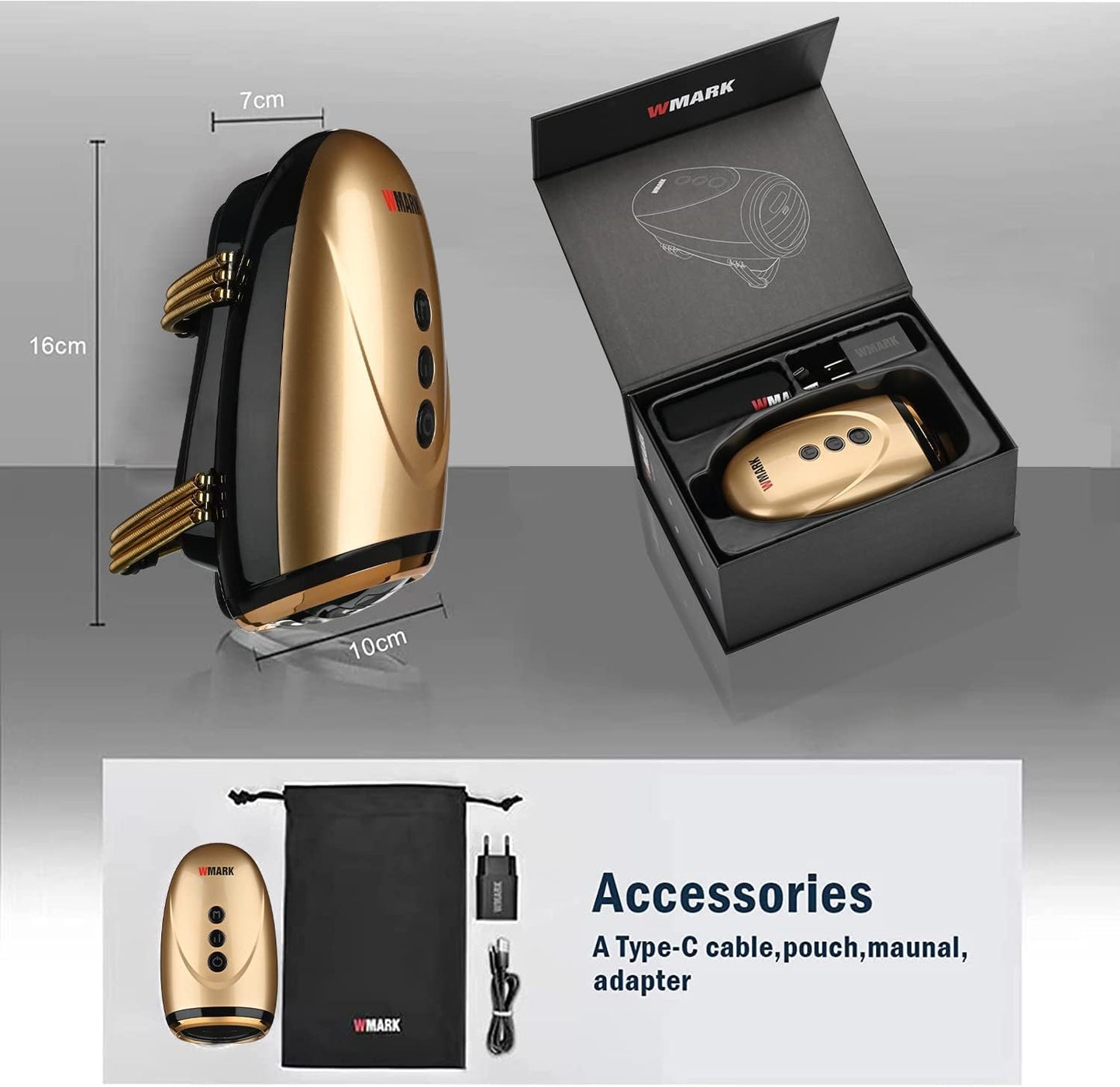 WMARK Barber Massager/Cordless Handheld Massager, Charge Neck/Legs/Hand/Face Massager, 2 Massage Nodes 2600AMH，Golden