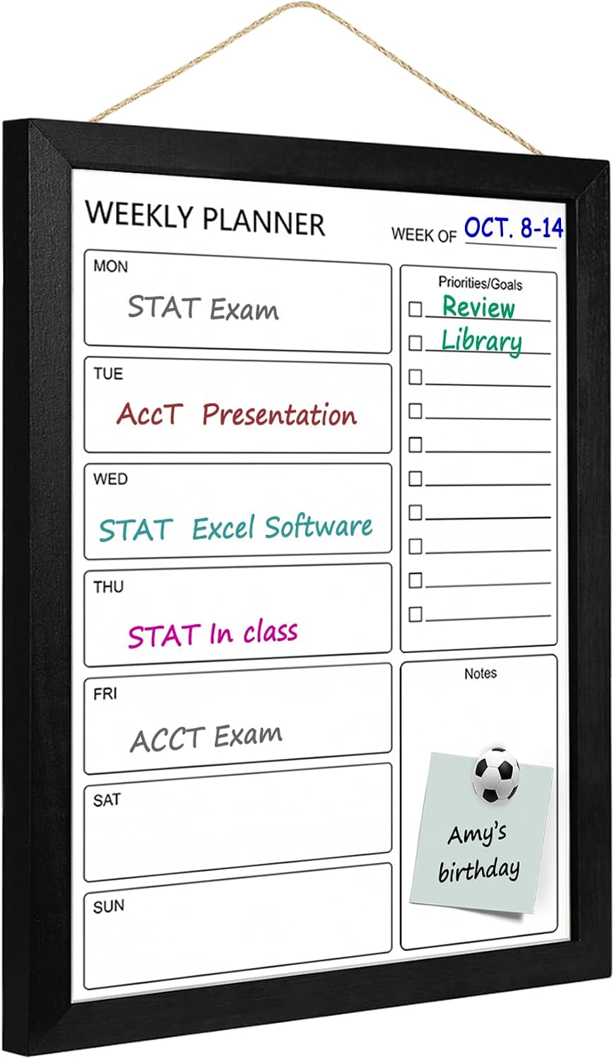 Dry Erase White Board Weekly Calendar Board, Magnetic Whiteboard for Wall,10.6“x14.7 Solid Wood Rustic Brown Framed Message Board, Planner Board for Office, Home, Schooll(Weekly-BB-RB-2737)