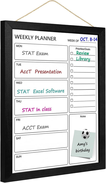 Dry Erase White Board Weekly Calendar Board, Magnetic Whiteboard for Wall,10.6“x14.7 Solid Wood Rustic Brown Framed Message Board, Planner Board for Office, Home, Schooll(Weekly-BB-RB-2737)