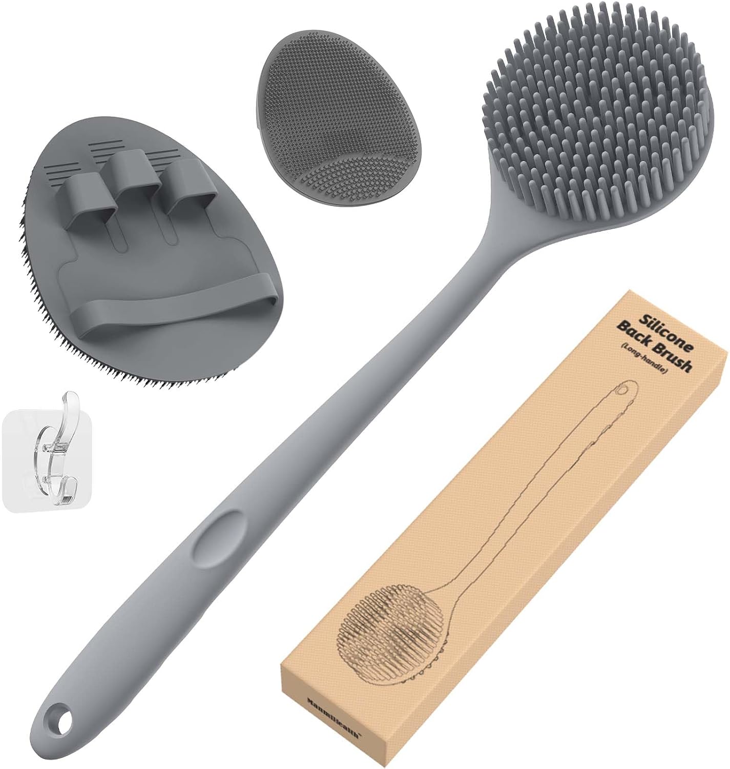 Manmihealth Silicone Back Scrubber (Thick Bristles) & Bath Glove & Face Brush Set (3PCS), Super-Exfoliating & Lathering Body Scrubber, Shower Brush, Face Scrubber Combination, with a Free Hook (Black)