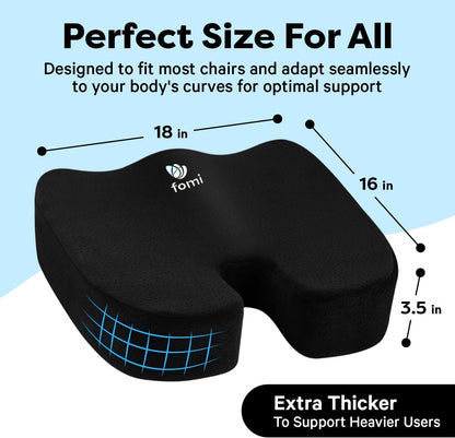 FOMI Extra Thick Firm Coccyx Orthopedic Memory Foam Seat Cushion | Black Large Cushion for Car or Truck Seat, Office Chair, Wheelchair | Back Pain Relief (Black)