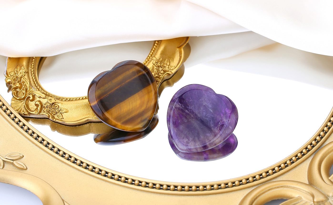 2PCS Worry Stone for Anxiety Tigers Eye Amethyst Healing Crystals Hand Thumb Stones Pocket Gemstones Meditation Accessories Oval Crystal Natural Relax Palm Stone Anxiety Relief Items Stocking Stuffers