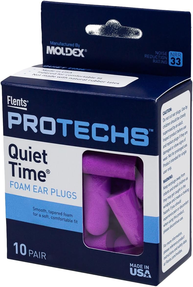Flents Protechs Foam Ear Plugs, 70 Pair for Sleeping, Snoring, Loud Noise, Traveling, Concerts, Construction, Studying, Work, Shooting, NRR 33, Noise Cancelling, Disposable Purple, Made in the USA