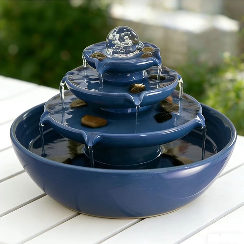 Ceramic Tabletop Fountain with Ball for Indoor Table Desk Office Patio (Blue 2 A199)