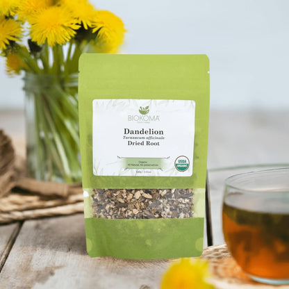 Biokoma Organic Dandelion Root Dried Herb 100g (3.55oz) USDA Organic Taraxacum Cut & Sifted Herbal Tea Kidney Liver Detox Digestion Support Caffeine-Free No Additives No Preservatives No GMO Kosher