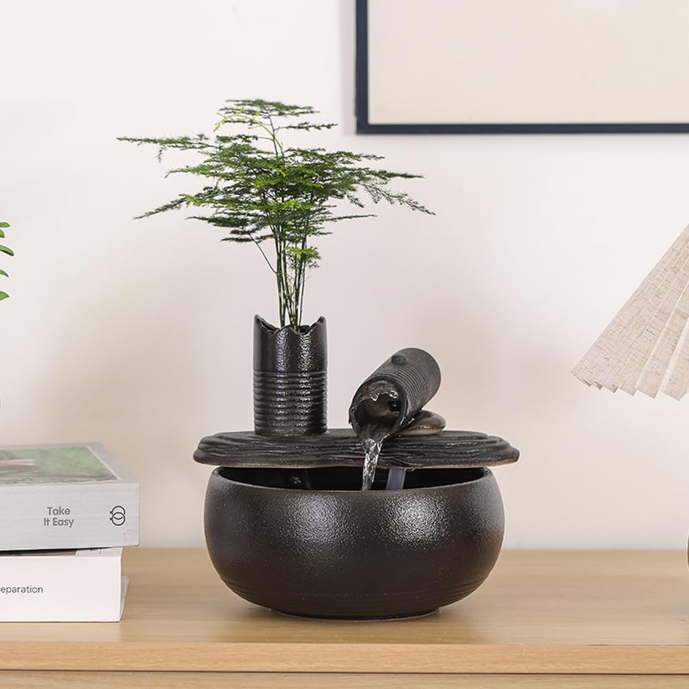 Ceramic Tabletop Fountain Water Feature Fall Indoor and Outdoor Decoration (Black Bamboo A151)