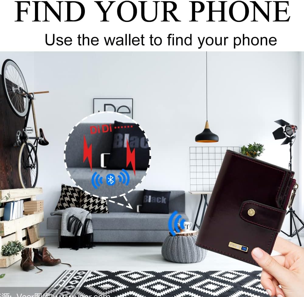 Anti-Lost Bluetooth Wallet Tracker Finder, Slim Trifold Cowhide Mens Wallet with ID Window Credit Card Holder Pocket (Coffee2-OLD)
