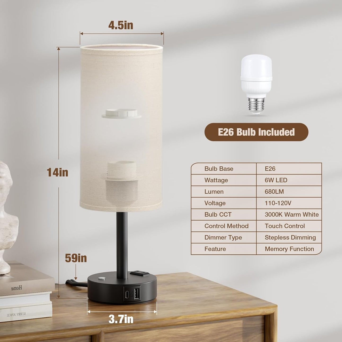 Touch Bedside Table Lamp with Memory - Stepless Dimmable Lamp for Bedroom, Small Nightstand Lamp with Dual USB Charging Ports and AC Outlet, Wood Night Light, Desk Lamp for Nursery, Living Room, Dorm