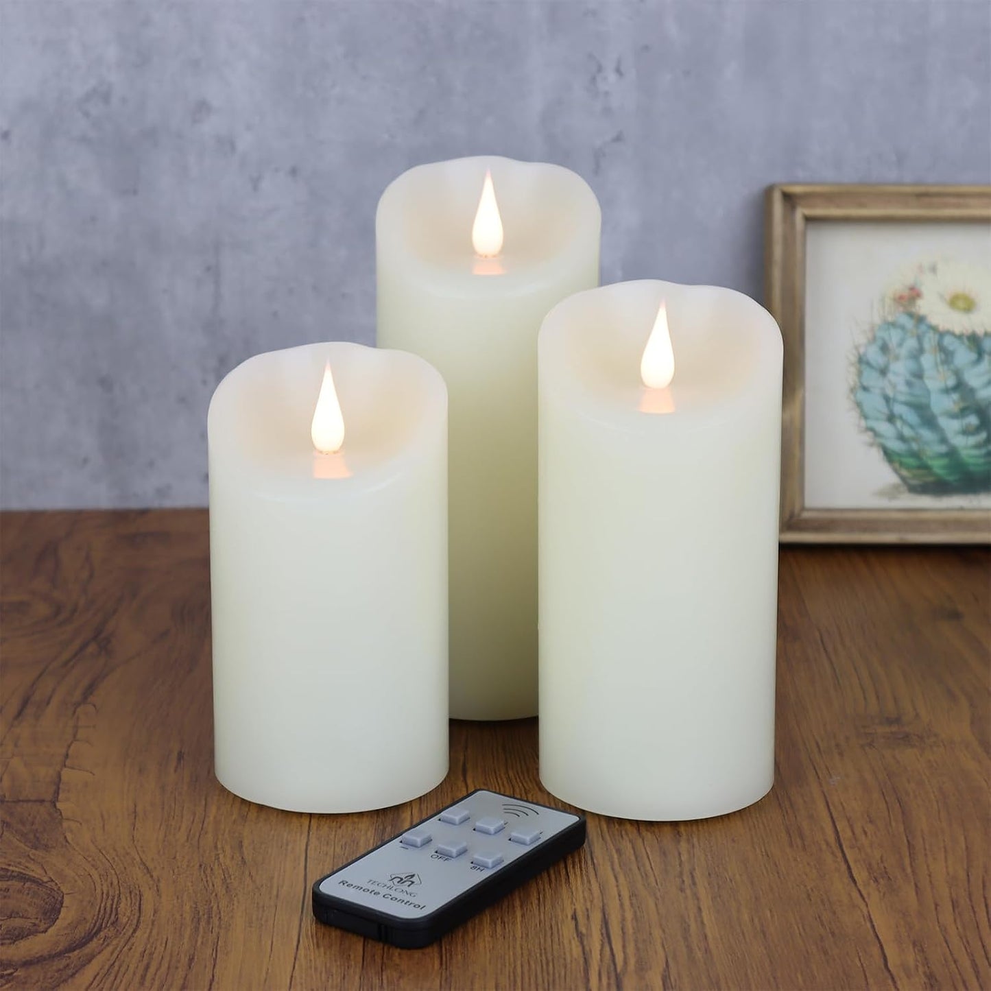 TECHLONG Flickering Flameless Candles with 3D Moving Flame, Last 1000+ Hours Battery Operated Candles with Timer, Ivory Real Wax Pillar Electric LED Candle for Wedding Christmas Party/3" x 5"