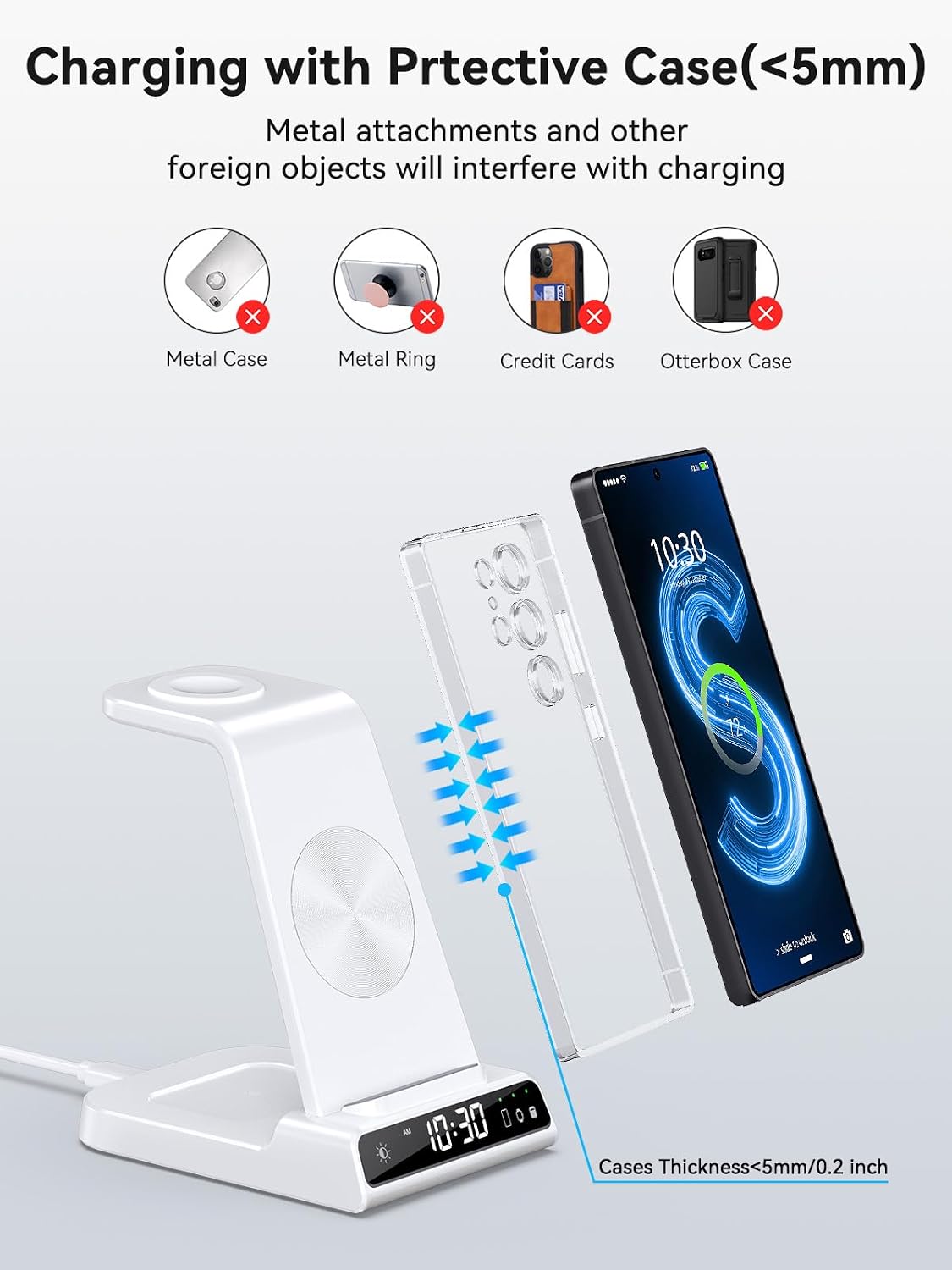 Wireless Charger for Samsung S25 with Clock 3 in 1 Android Charging Station