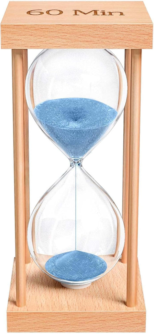 60 Minute Sand Timer, 60 Min Wood Small Hourglass Timer, Blue Sand Clock, One Hour Wooden Hour Glass for Classroom, Sandglass, Reloj De Arena Decorativo, Home, Office, Game, Gift