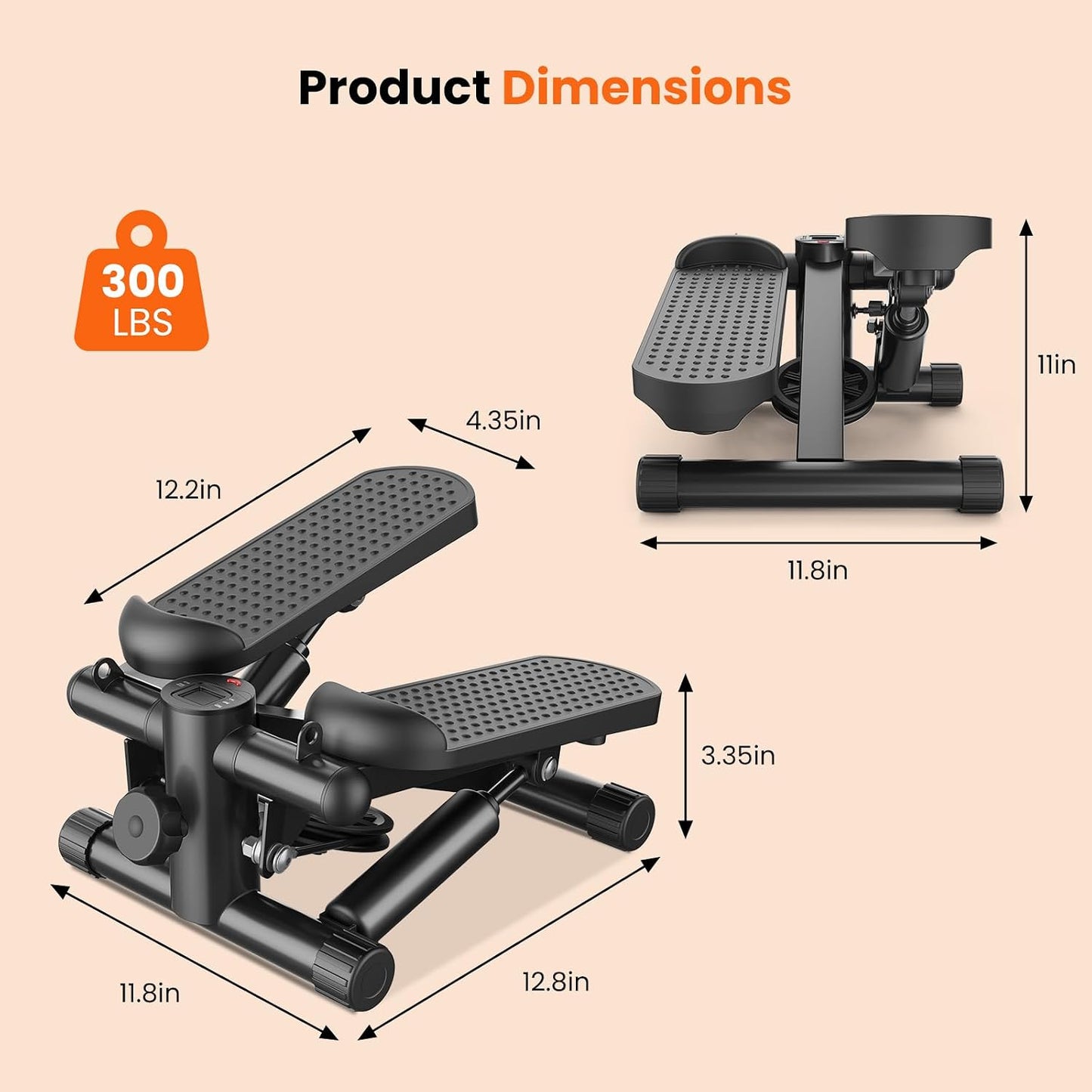 Sweetcrispy Mini Stair Stepper with Resistance Bands, Hydraulic Home Stepper Machine, 300 LBS Weight Capacity, Compact Cardio Equipment with LCD Monitor, No Assembly Required