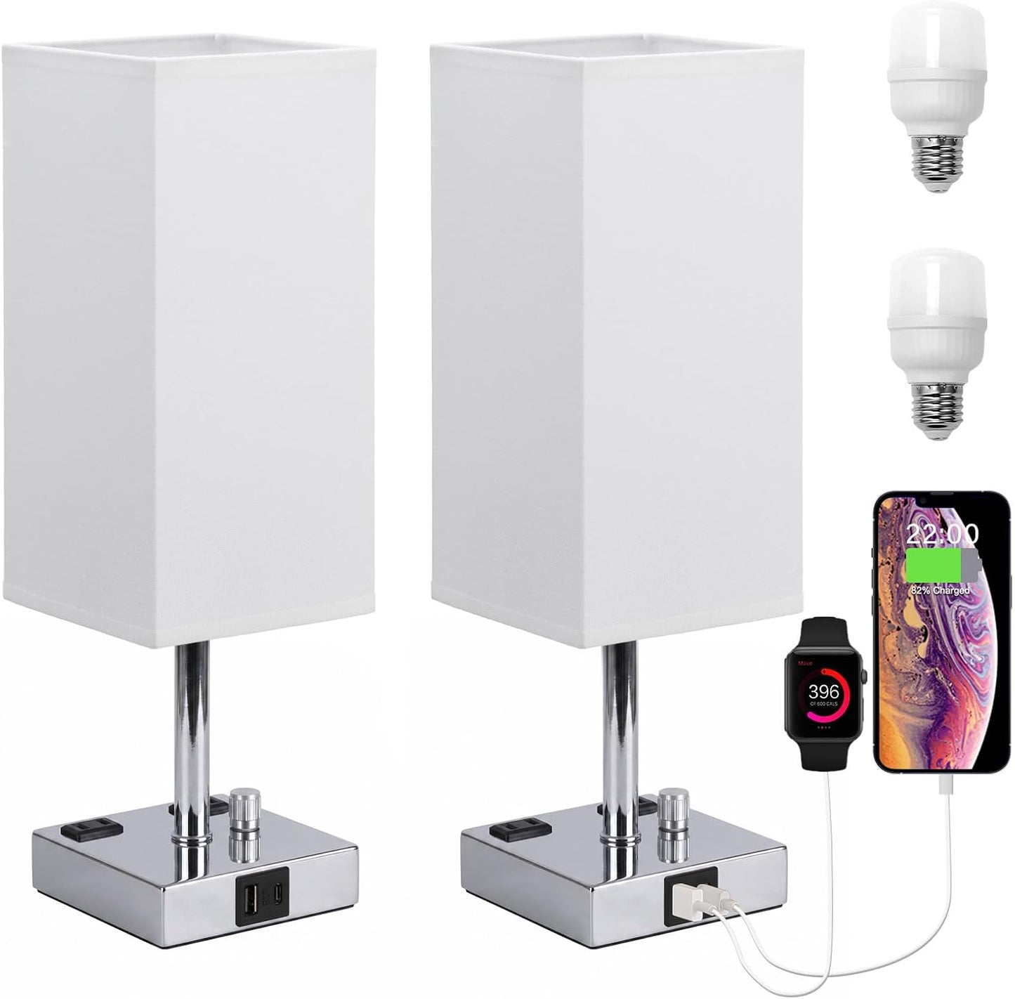 Bedside Table Lamps Set of 2 for Bedroom - Dimmable, USB C+A, 2 AC Outlets
