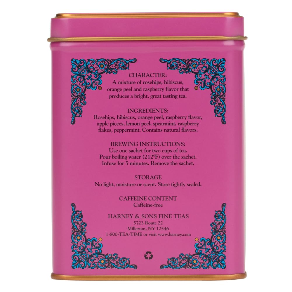 Harney & Sons HT Raspberry Herbal Tea, Caffeine Free, 20 Sachets Tin